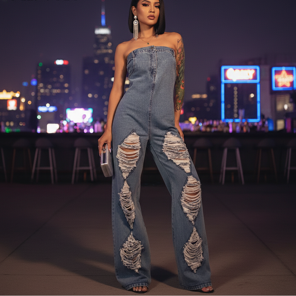Ripped Denim Jumpsuit - Night Out