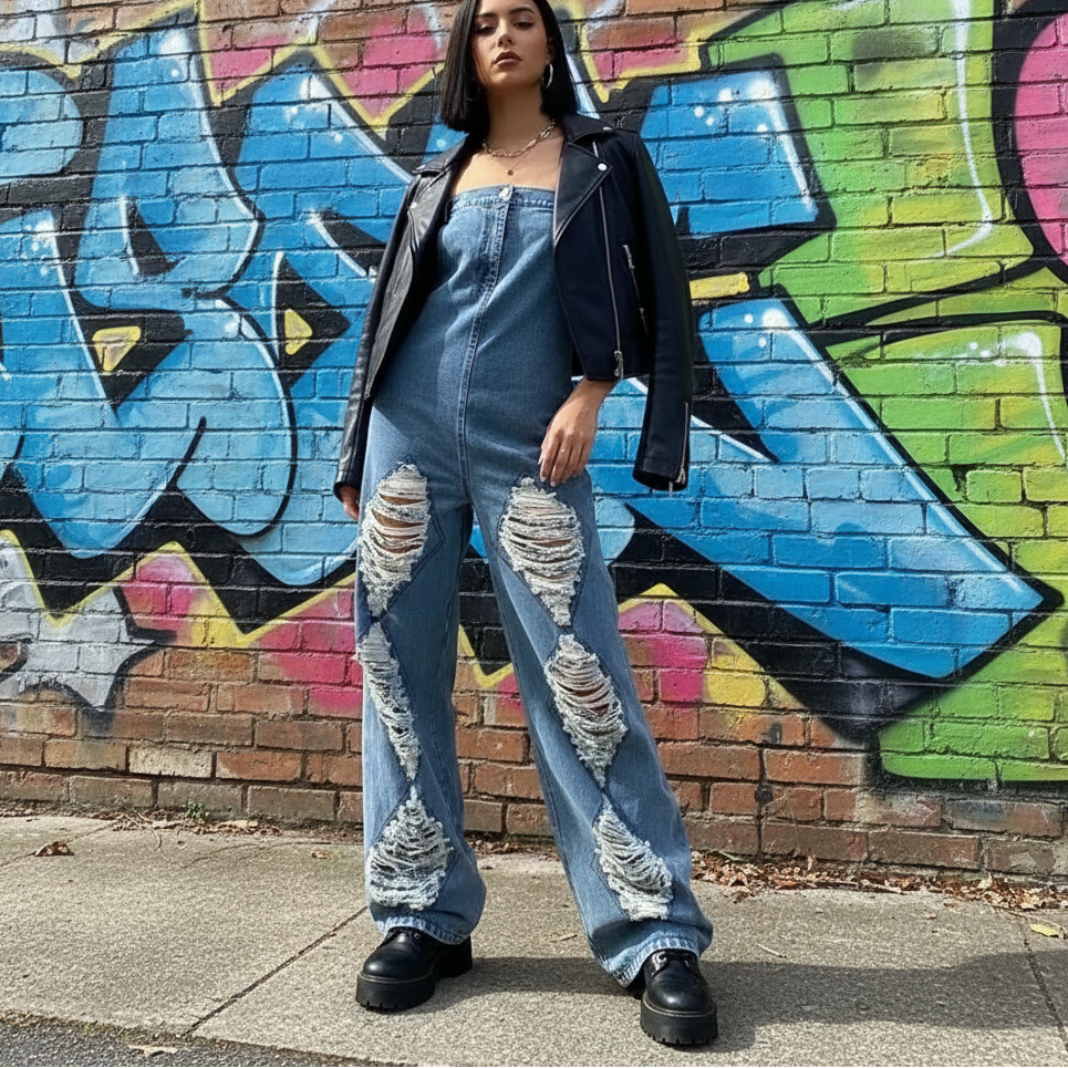 Ripped Denim Jumpsuit - Street Style