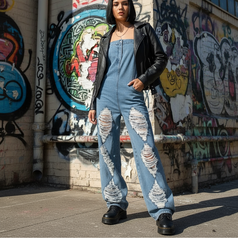 Ripped Denim Jumpsuit - Street Style