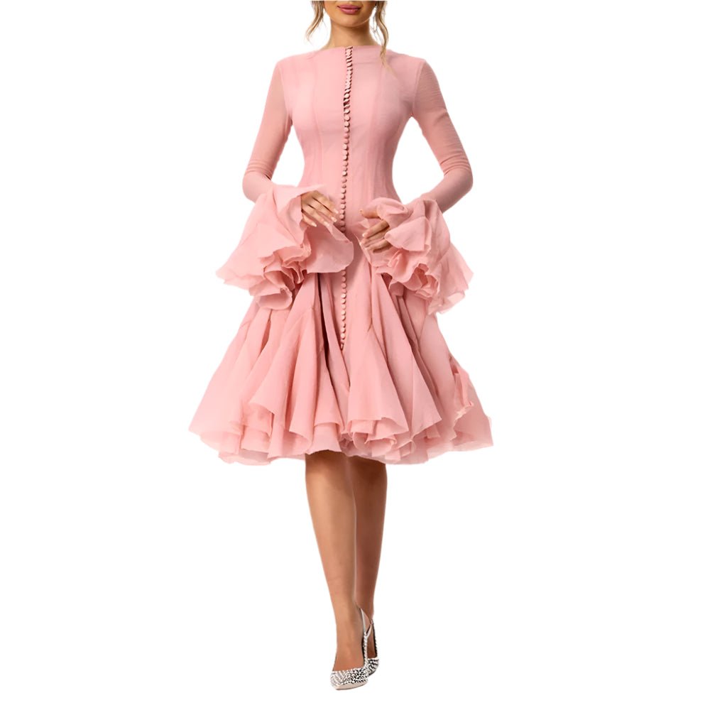 Ruffles Elegant Knee Length Dresses for Women Round Neck - HalleBeauty