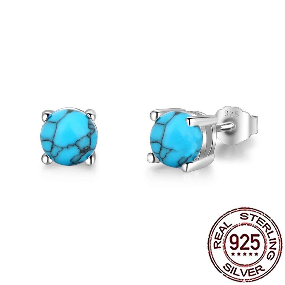S925 Sterling Silver Turquoise Stud Earrings - Women’s Round Chic Jewelry - HalleBeauty