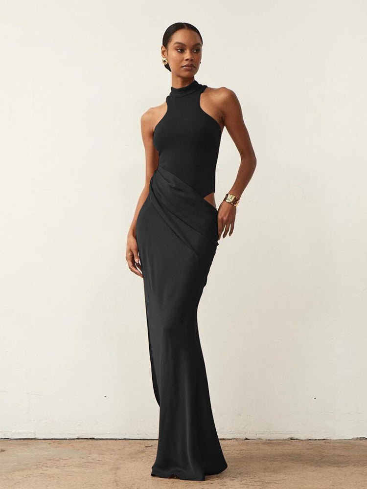 Satin Hollow Out Maxi Dress - Sexy Slit Evening Gown for Women - HalleBeauty