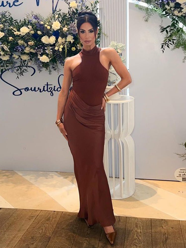Satin Hollow Out Maxi Dress - Sexy Slit Evening Gown for Women - HalleBeauty