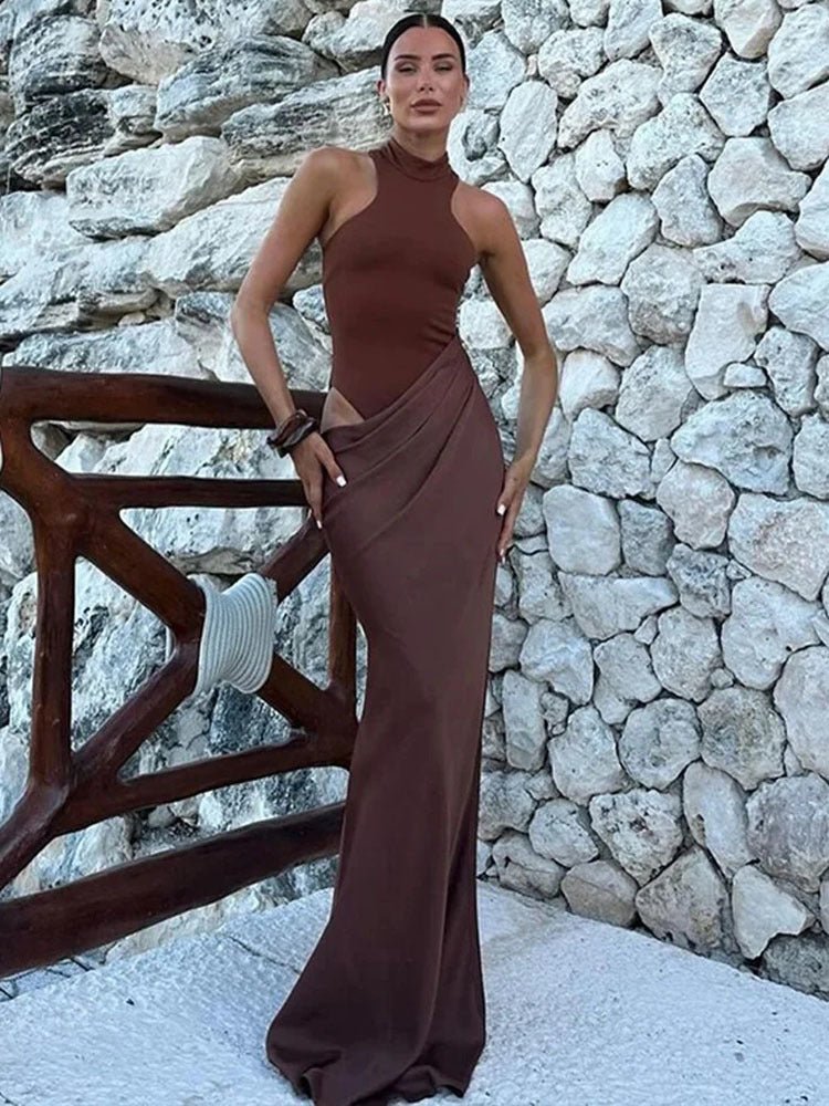 Satin Hollow Out Maxi Dress - Sexy Slit Evening Gown for Women - HalleBeauty