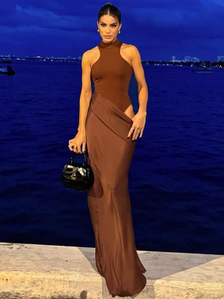 Satin Hollow Out Maxi Dress - Sexy Slit Evening Gown for Women - HalleBeauty