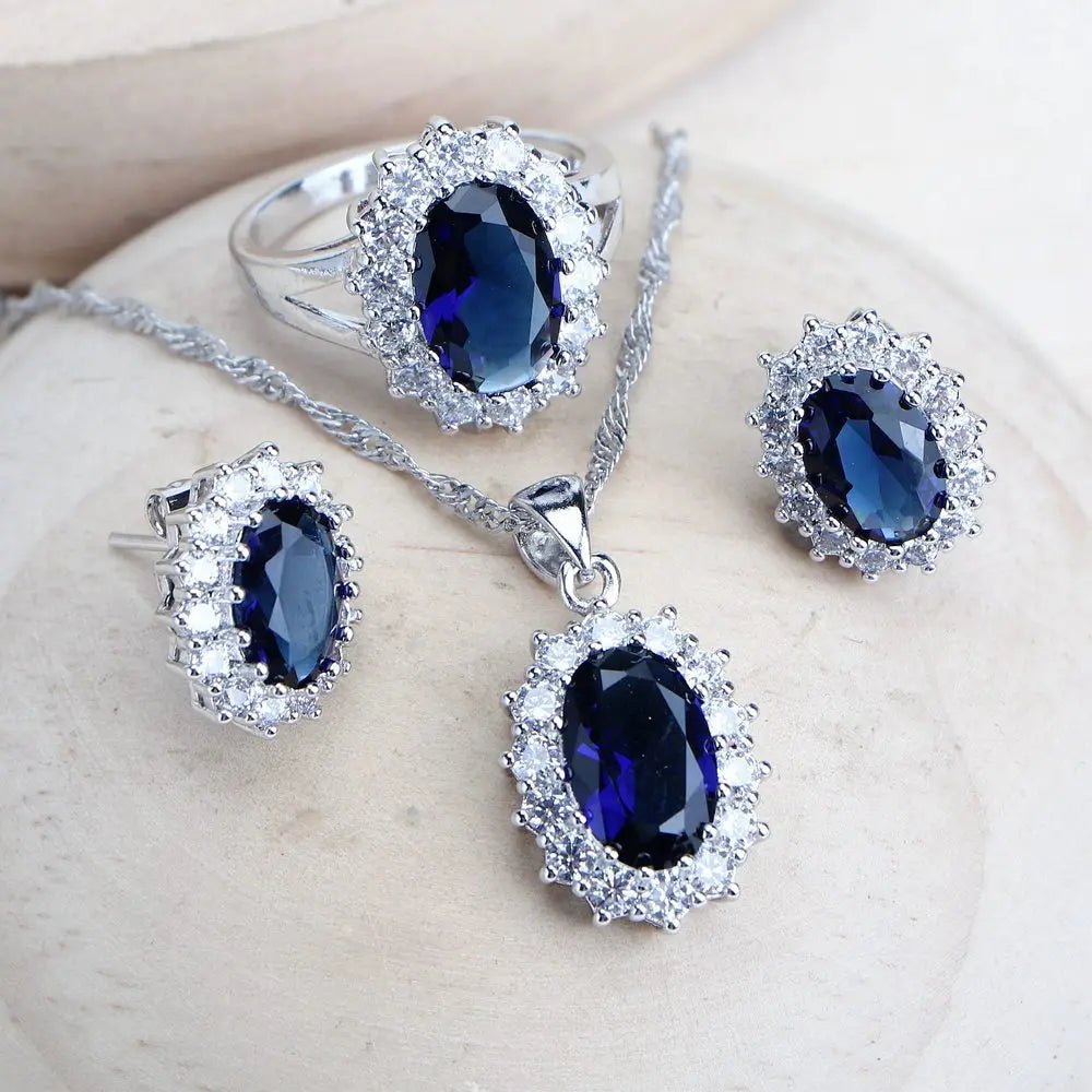 Silver 925 Bridal Jewelry Set Blue Zirconia Necklace Ring - HalleBeauty