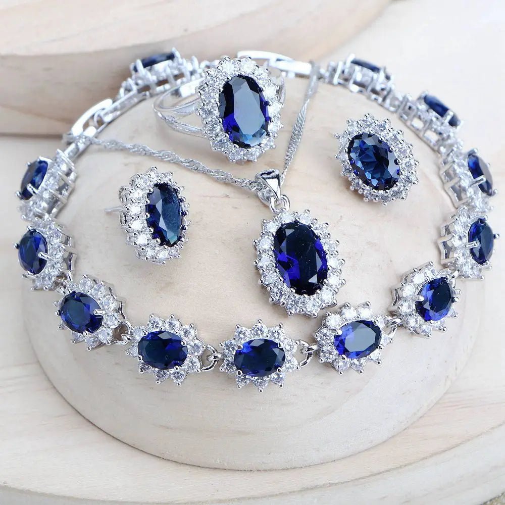 Silver 925 Bridal Jewelry Set Blue Zirconia Necklace Ring - HalleBeauty