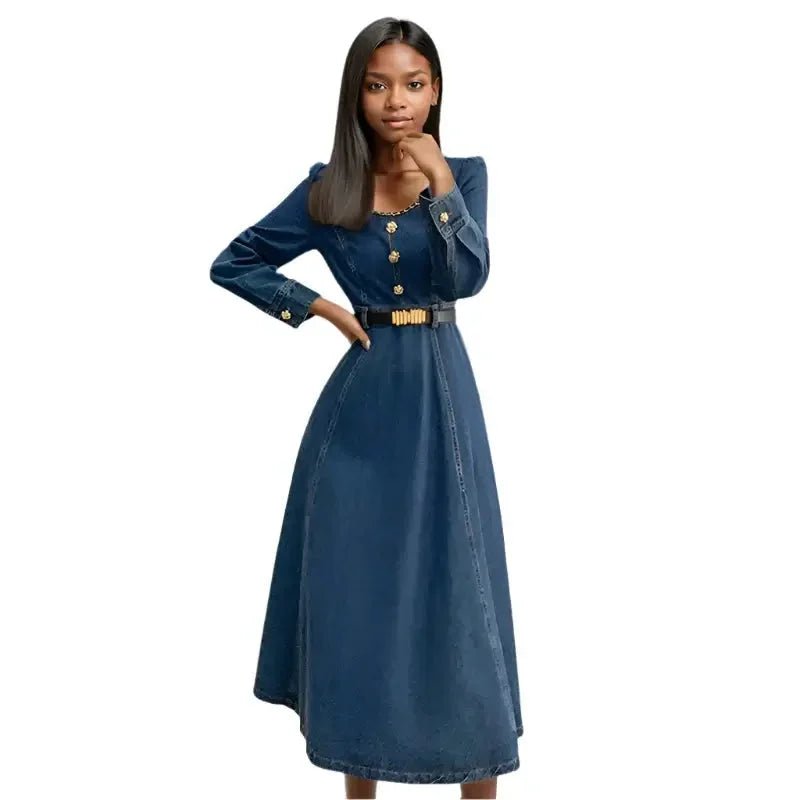 Slim - Fit Square Neck Denim Maxi Dress for Women - HalleBeauty