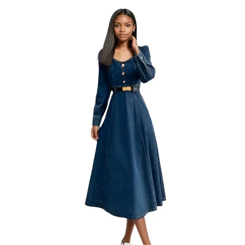 Slim - Fit Square Neck Denim Maxi Dress for Women - HalleBeauty