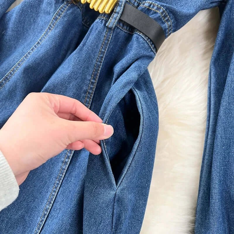 Slim - Fit Square Neck Denim Maxi Dress for Women - HalleBeauty