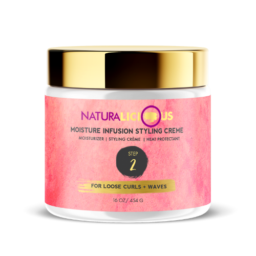 Jar of Naturalicious Moisture Infusion Styling Crème with pink label and gold lid on white background