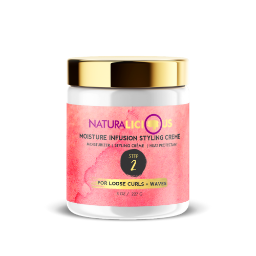Naturalicious Moisture Infusion Styling Crème jar with pink label and gold lid on white background