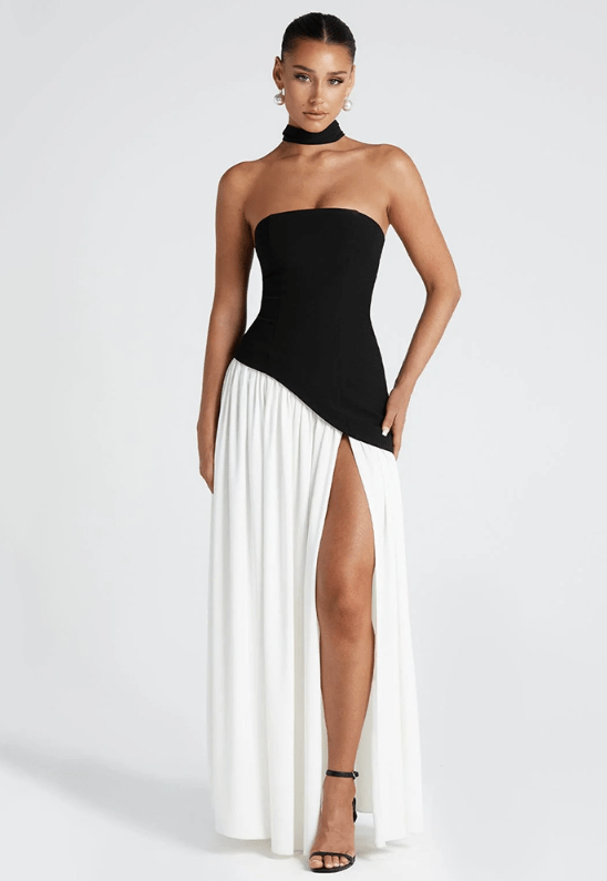 Strapless Maxi Dress - Patchwork Scarf Gown (Thigh High Slit) - HalleBeauty