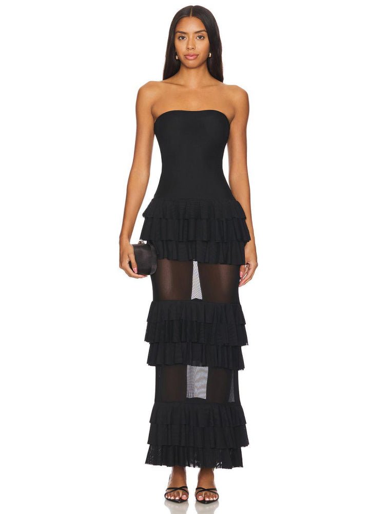 Strapless Ruffled Black Maxi Dress - HalleBeauty