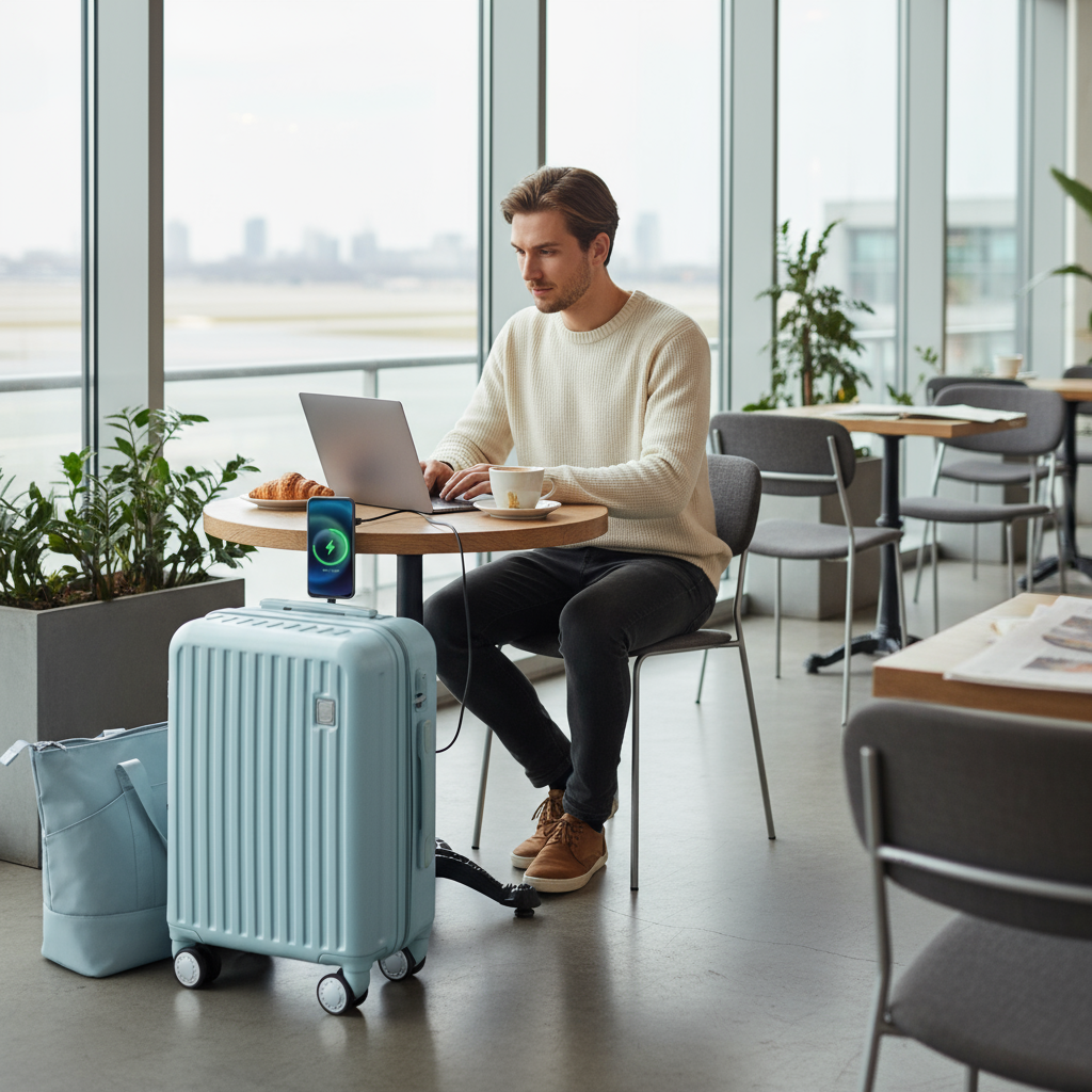Traveler working at airport cafe