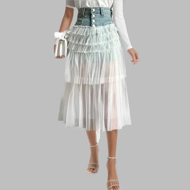 Trendy New Women's Spliced Mesh Denim Long Skirt. - HalleBeauty
