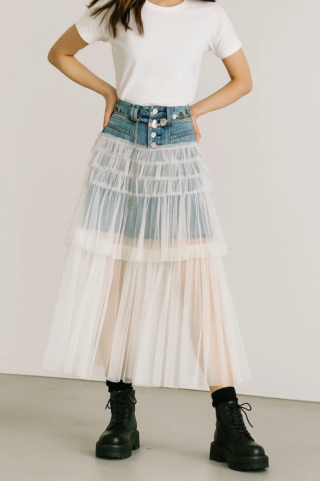 Trendy New Women's Spliced Mesh Denim Long Skirt. - HalleBeauty