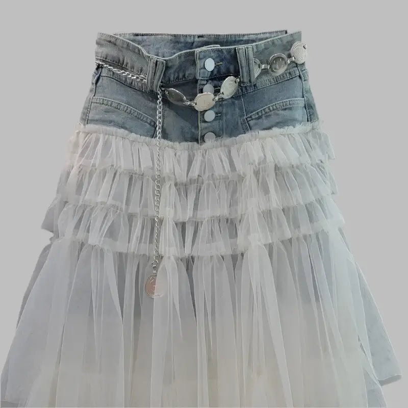 Trendy New Women's Spliced Mesh Denim Long Skirt. - HalleBeauty