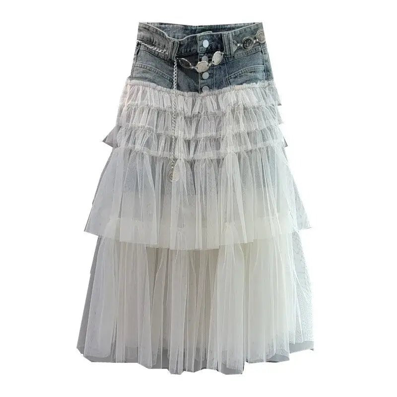Trendy New Women's Spliced Mesh Denim Long Skirt. - HalleBeauty