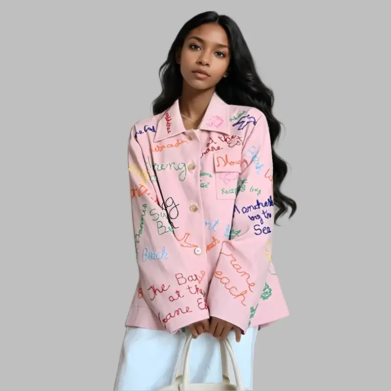 Trendy Women's Colorful Letter Denim Jacket | Spring Turn - Down Collar Jacket with Spliced Design - HalleBeauty