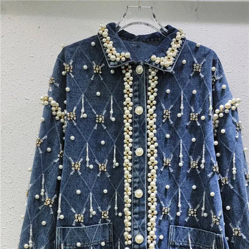 Trendy Women’s Denim Jacket – Loose Fit with Diamonds & Pearl Embellishments - HalleBeauty