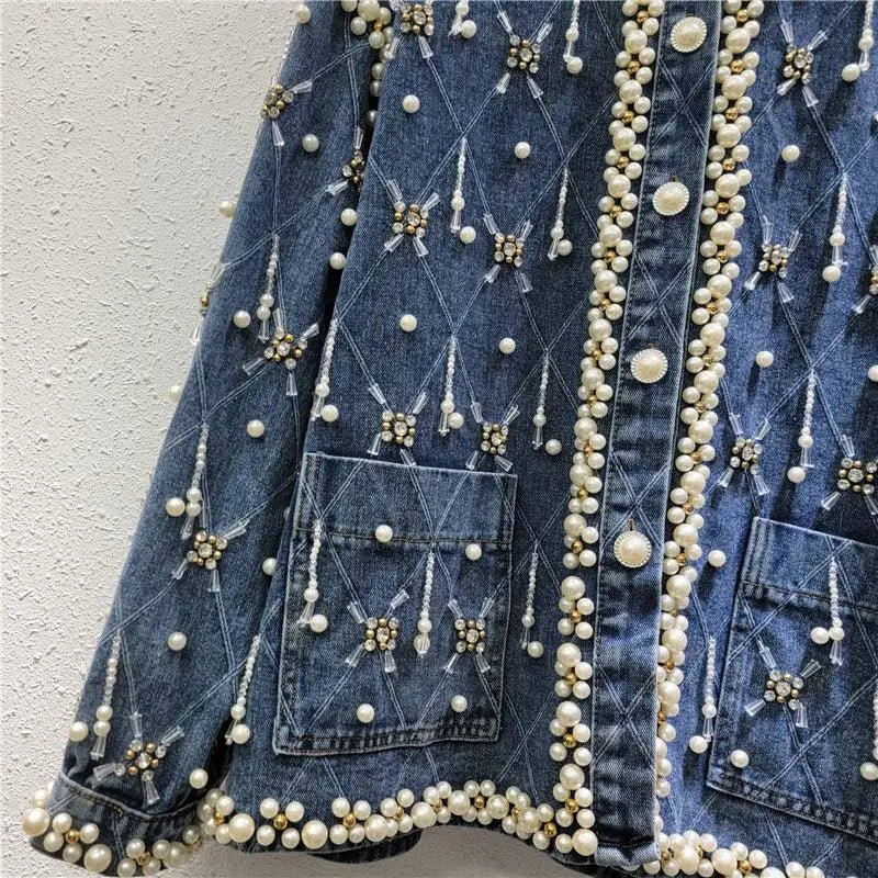 Trendy Women’s Denim Jacket – Loose Fit with Diamonds & Pearl Embellishments - HalleBeauty