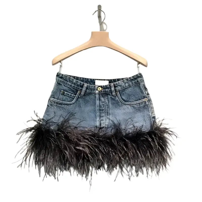 Trendy Women's Denim Vest & Skirt Set | Spliced Feather Edge V - Neck Sling & High Waist Wrap - HalleBeauty
