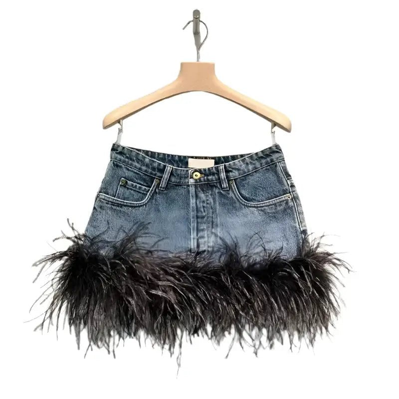 Trendy Women's Denim Vest & Skirt Set | Spliced Feather Edge V - Neck Sling & High Waist Wrap - HalleBeauty