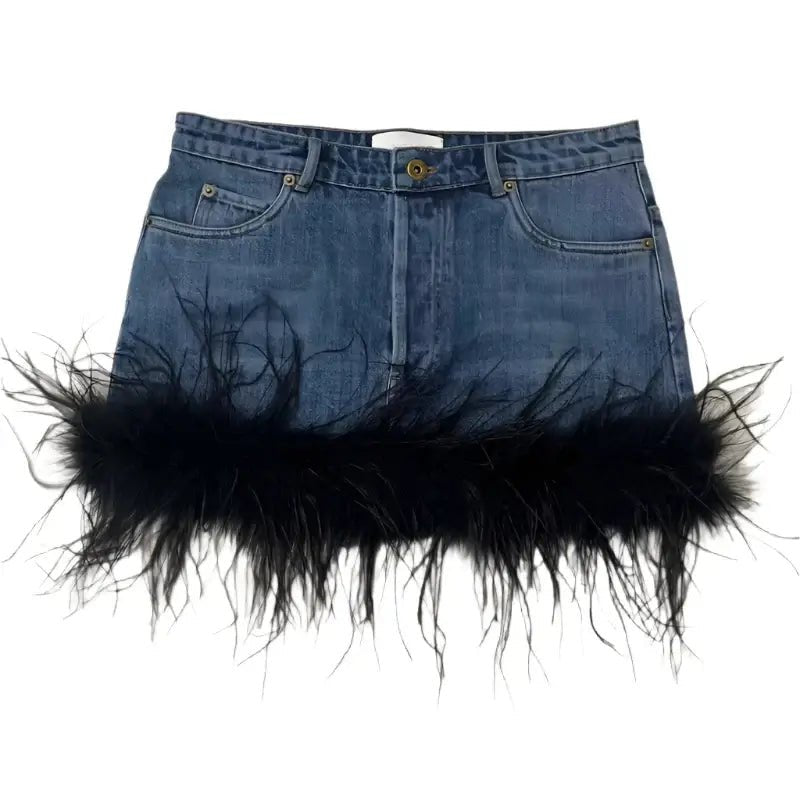 Trendy Women's Denim Vest & Skirt Set | Spliced Feather Edge V - Neck Sling & High Waist Wrap - HalleBeauty