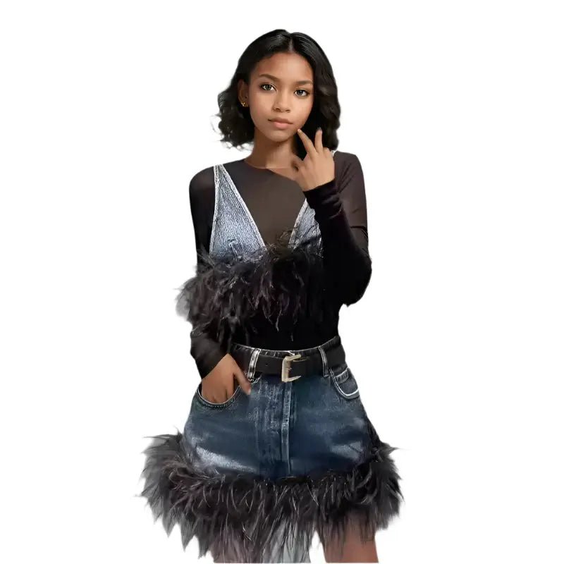 Trendy Women's Denim Vest & Skirt Set | Spliced Feather Edge V - Neck Sling & High Waist Wrap - HalleBeauty