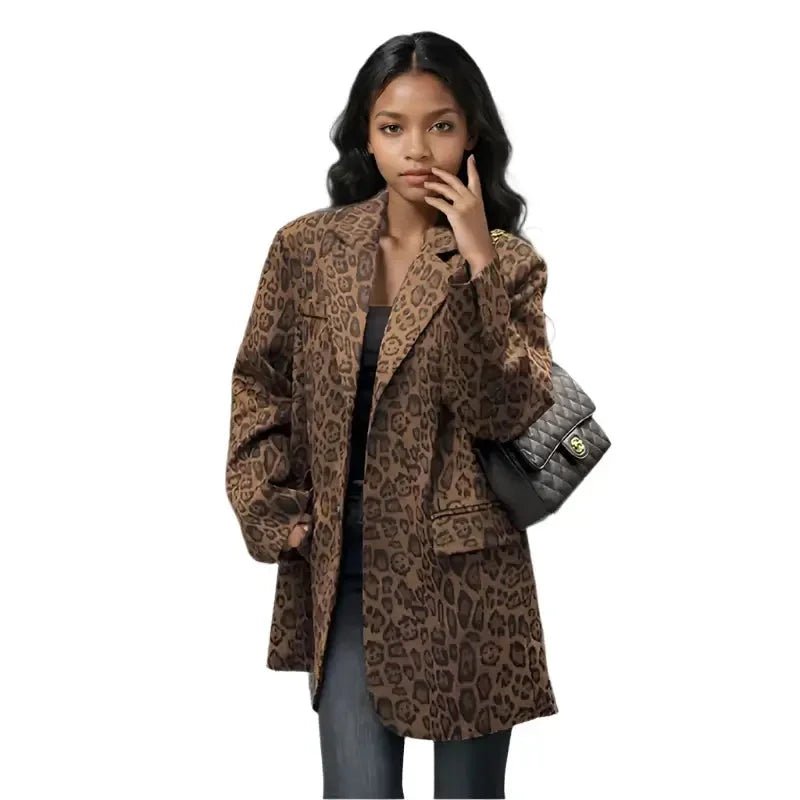 Trendy Women’s Leopard Print Blazer – Loose Fit, Lapel Jacket with Pockets - HalleBeauty