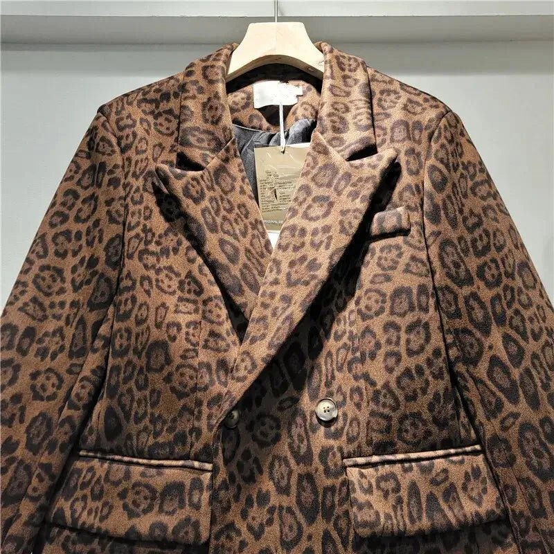 Trendy Women’s Leopard Print Blazer – Loose Fit, Lapel Jacket with Pockets - HalleBeauty