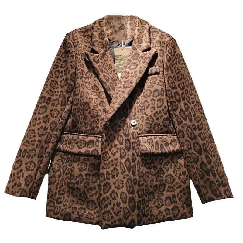 Trendy Women’s Leopard Print Blazer – Loose Fit, Lapel Jacket with Pockets - HalleBeauty