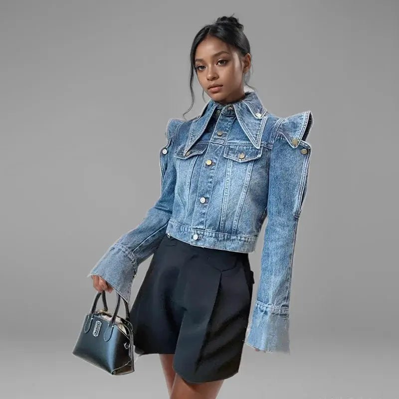 Trendy Women's Off - Shoulder Denim Coat | Double - Lapel Autumn Jacket - HalleBeauty