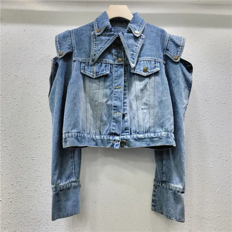 Trendy Women's Off - Shoulder Denim Coat | Double - Lapel Autumn Jacket - HalleBeauty
