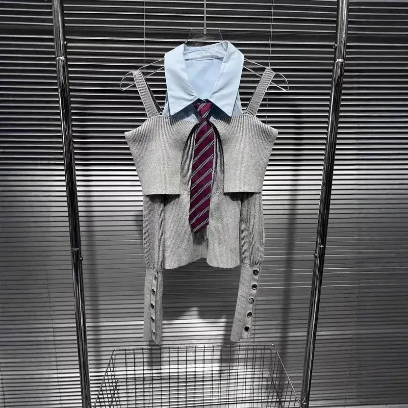 Trendy Women’s Off - Shoulder Knitted Blouse – Long Sleeve Tie Design - HalleBeauty