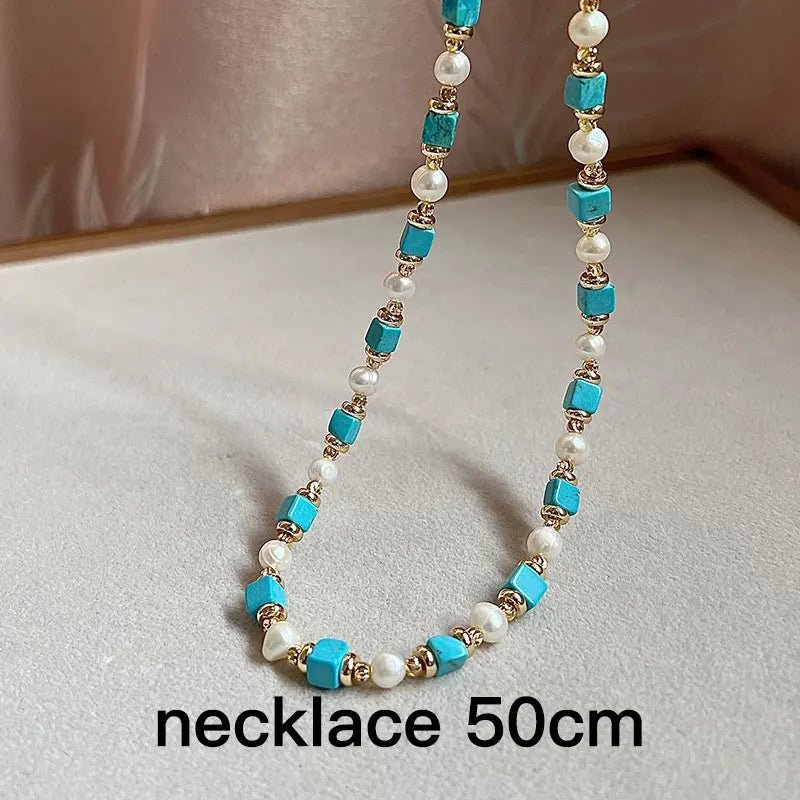 Turquoise & Freshwater Pearl Jewelry Set - 14K Gold Plated Necklace & Bracelet - HalleBeauty