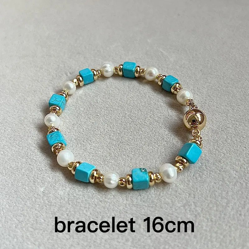 Turquoise & Freshwater Pearl Jewelry Set - 14K Gold Plated Necklace & Bracelet - HalleBeauty