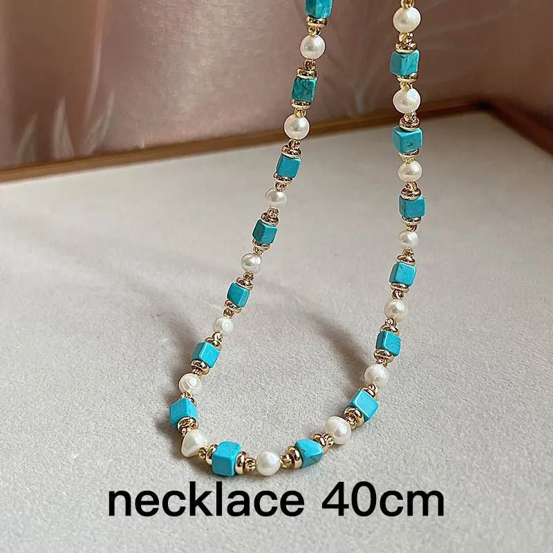 Turquoise & Freshwater Pearl Jewelry Set - 14K Gold Plated Necklace & Bracelet - HalleBeauty