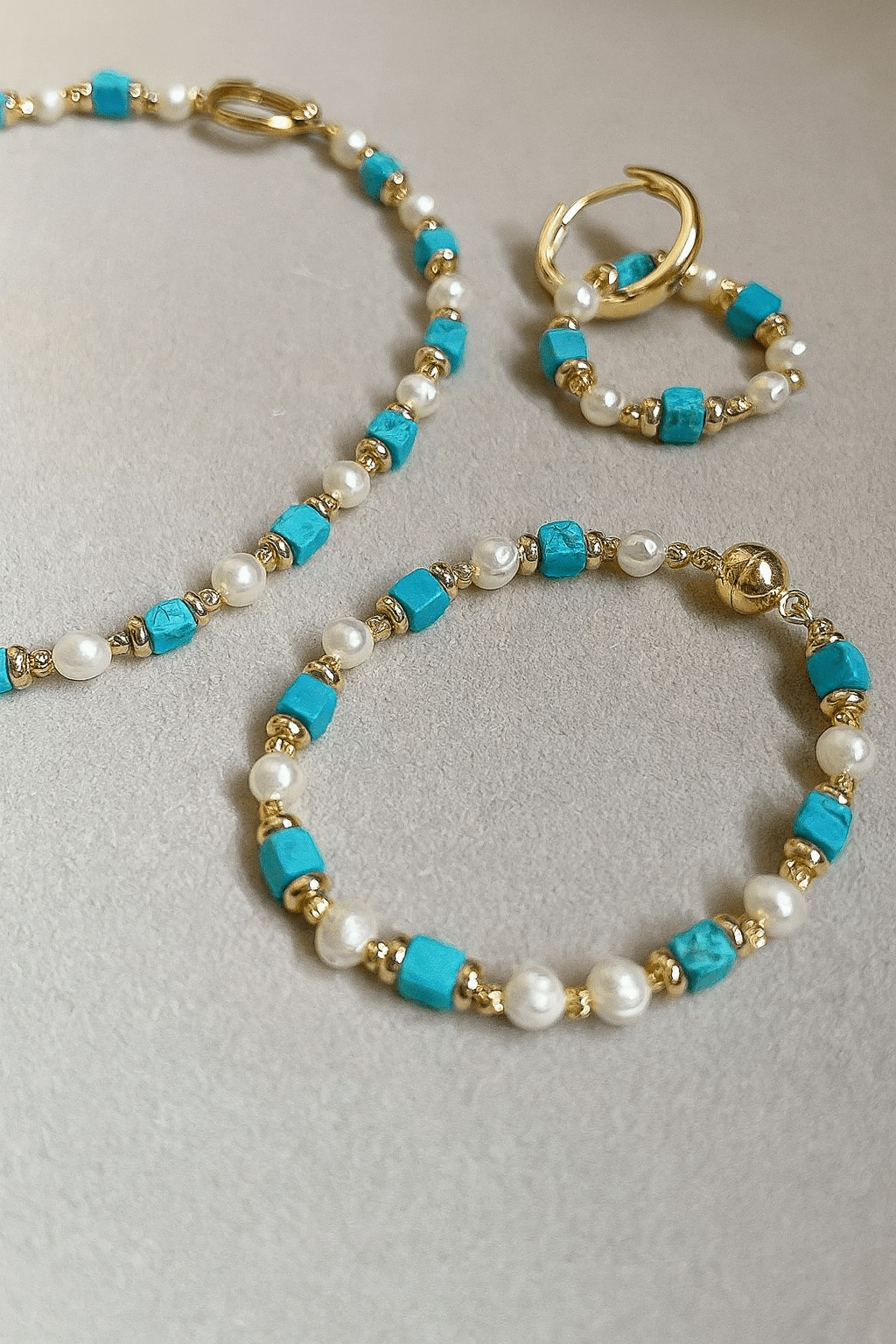Turquoise & Freshwater Pearl Jewelry Set - 14K Gold Plated Necklace & Bracelet - HalleBeauty