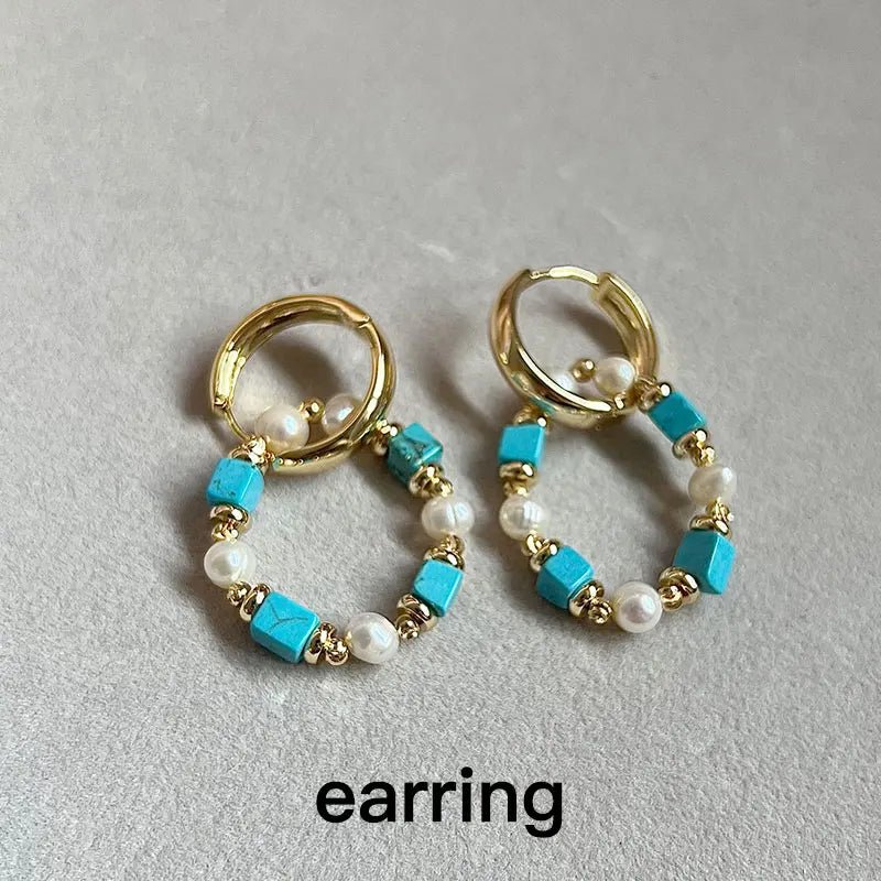 Turquoise & Freshwater Pearl Jewelry Set - 14K Gold Plated Necklace & Bracelet - HalleBeauty