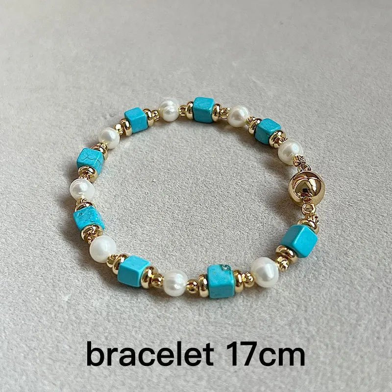 Turquoise & Freshwater Pearl Jewelry Set - 14K Gold Plated Necklace & Bracelet - HalleBeauty