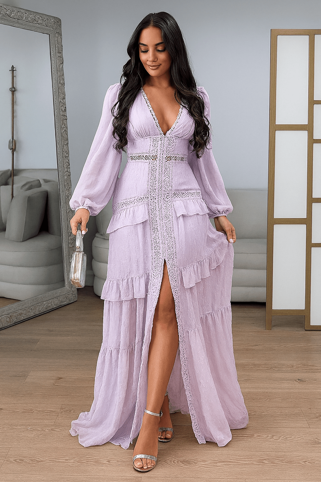 V - Neck Ruffled Maxi Dress - HalleBeauty