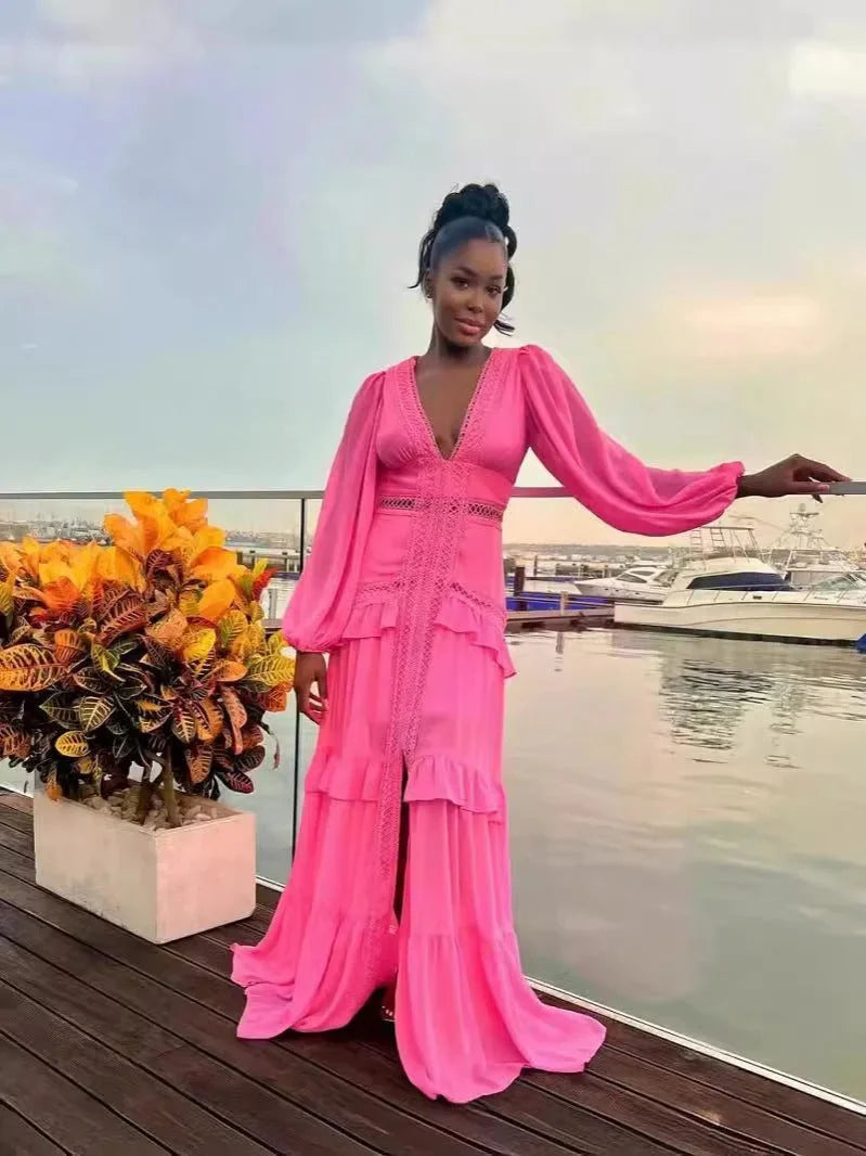 V - Neck Ruffled Maxi Dress - HalleBeauty