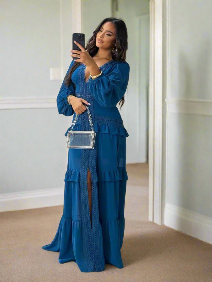 V - Neck Ruffled Maxi Dress - HalleBeauty