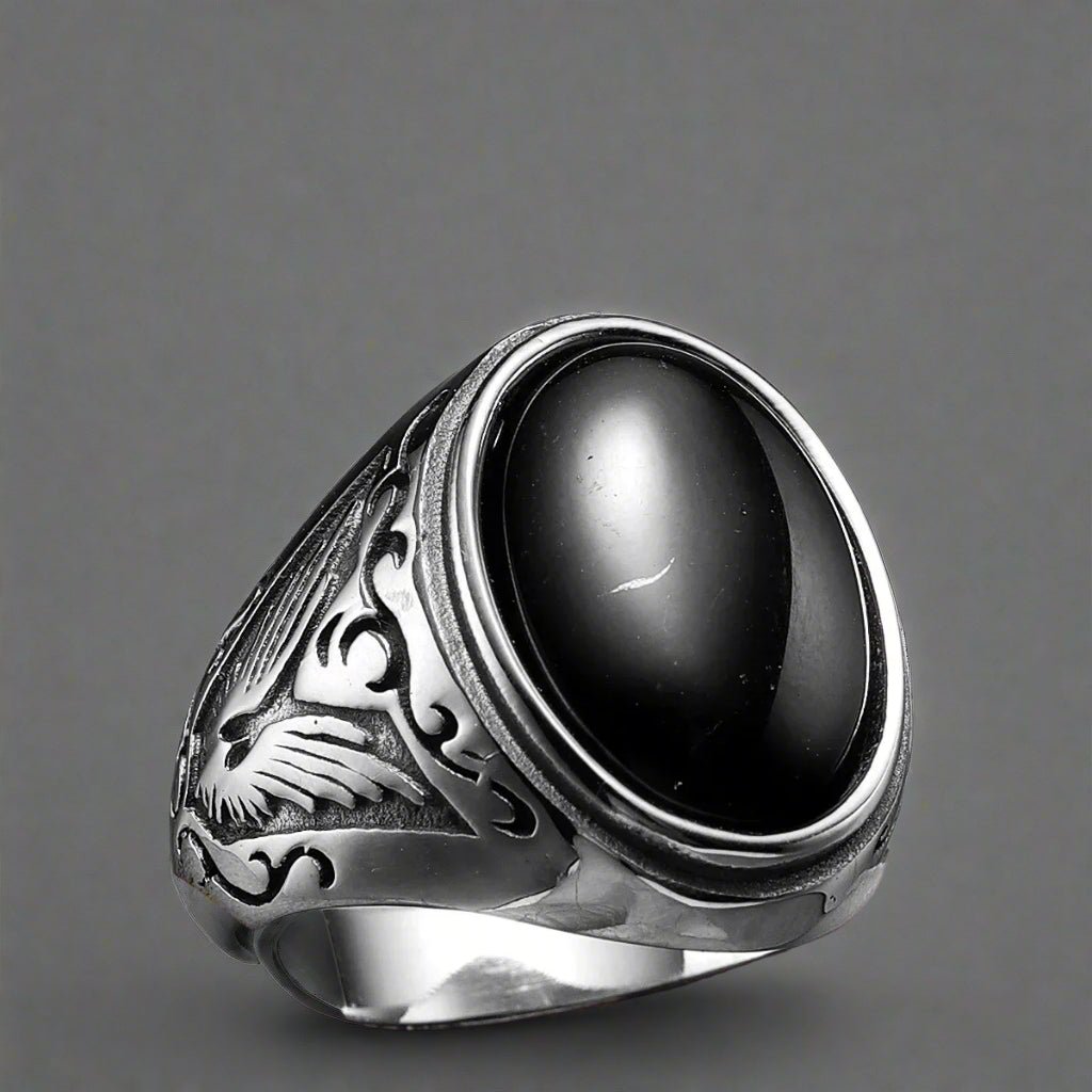 Vintage Black Turquoise Men’s Ring - Stainless Steel Punk Rock Jewelry - HalleBeauty