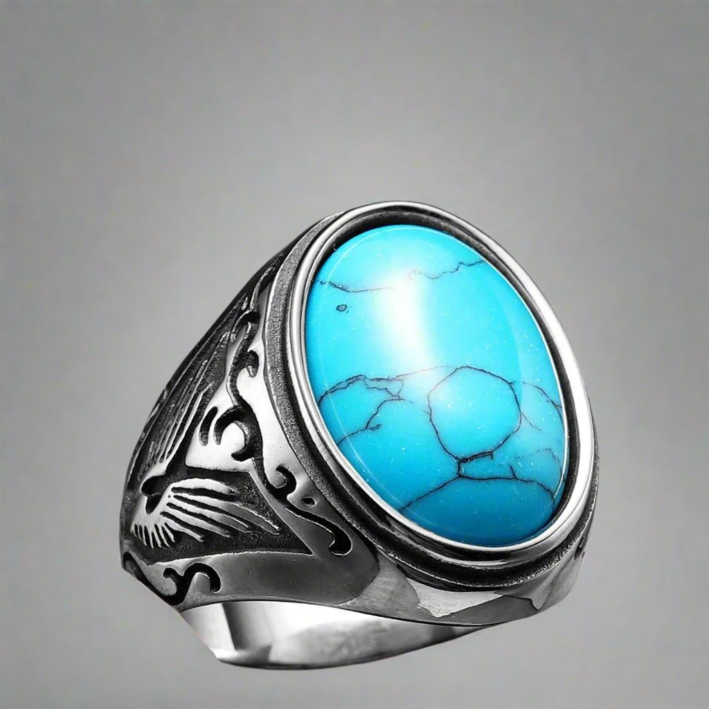 Vintage Black Turquoise Men’s Ring - Stainless Steel Punk Rock Jewelry - HalleBeauty