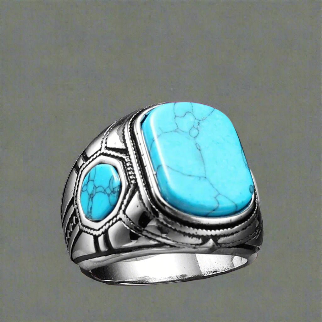 Vintage Black Turquoise Men’s Ring - Stainless Steel Punk Rock Jewelry - HalleBeauty