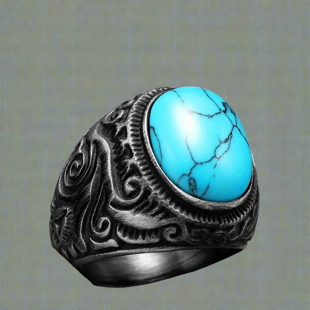 Vintage Black Turquoise Men’s Ring - Stainless Steel Punk Rock Jewelry - HalleBeauty
