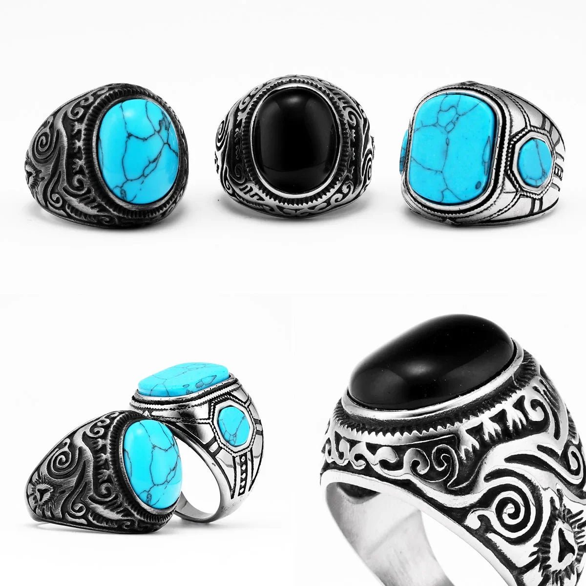 Vintage Black Turquoise Men’s Ring - Stainless Steel Punk Rock Jewelry - HalleBeauty